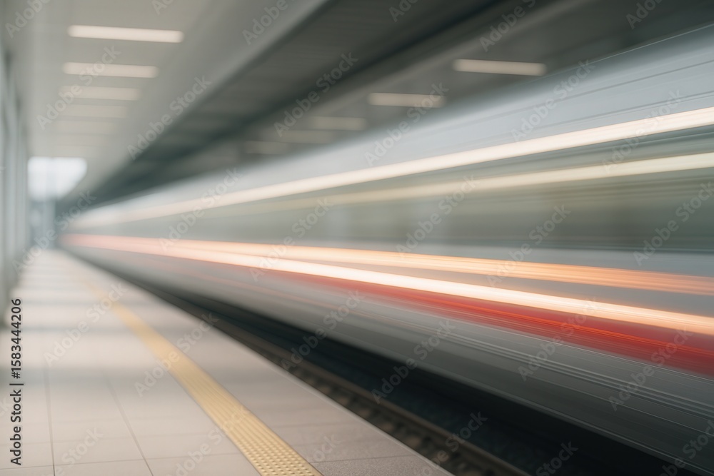Poster blurred motion of train light streaks on platform at contemporary station with dynamic perspective a