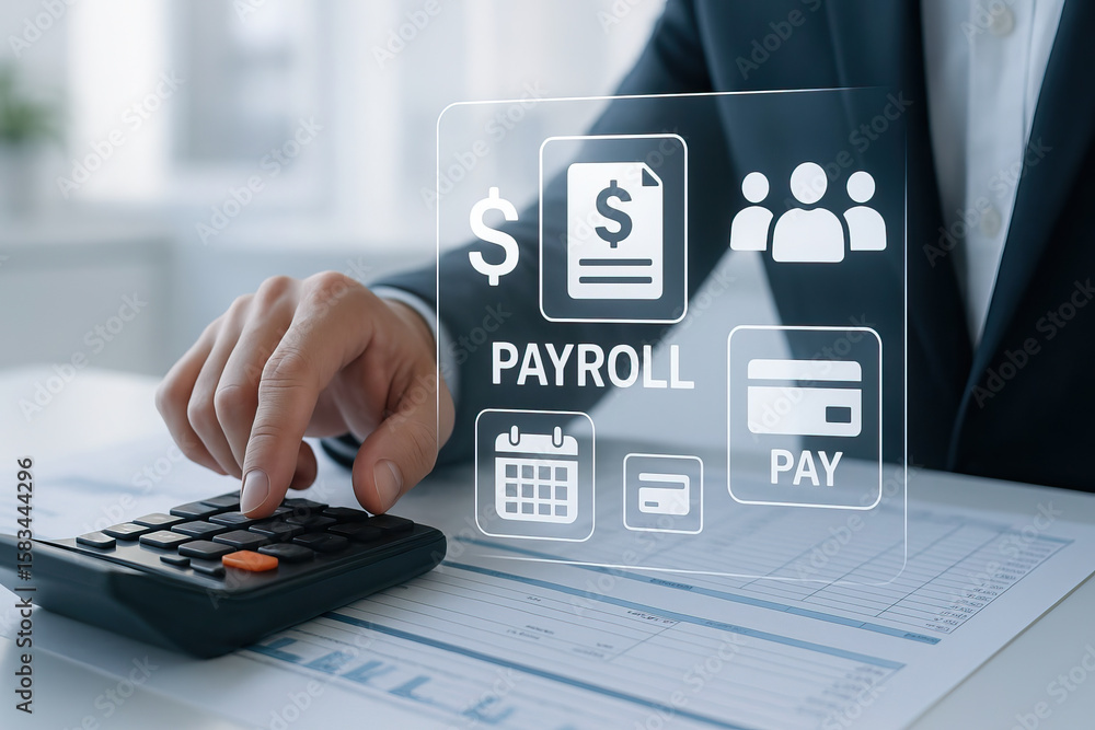 Poster payroll calculation concept with business person using calculator and financial document, digital ic
