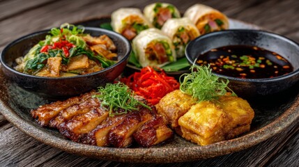 Delicious Asian Street Food on Rustic Plate with Grilled Meats, Savory Rolls, and Fresh Vegetables