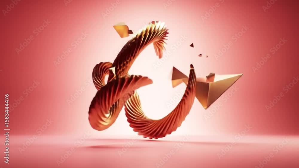 Poster elegant golden 3d objects orbiting in luxurious soft-pink environment