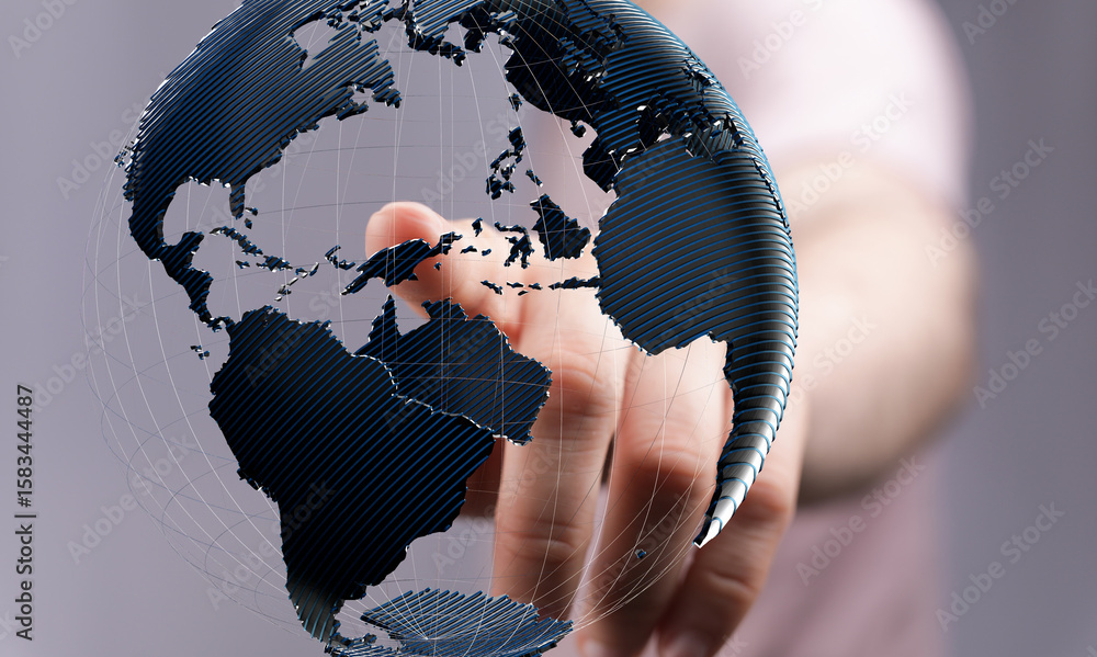 Poster high-quality image of a hand interacting with a digital 3d model of planet earth, symbolizing global