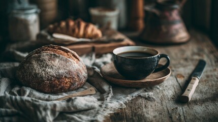 Cozy Vintage Bakery Scene Featuring Fresh Bread and Coffee on Wooden Table