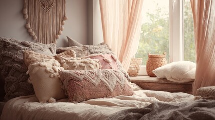 Cozy Boho Bedroom Decor with Soft Pillows and Flowing Curtains Illuminating Natural Light