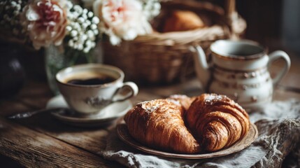 Cozy Breakfast Table Scene with Fresh Croissants and Coffee in a Warm Atmosphere