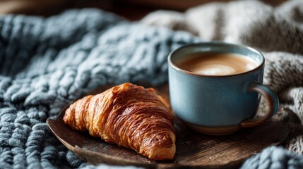 Cozy Breakfast Table with Flaky Croissant and Warm Cup of Coffee on Soft Blanket