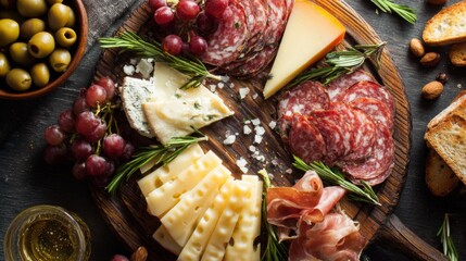 Top View of a Charcuterie Board Featuring Cheeses, Meats, Rosemary, Olives, and Fresh Grapes for Elegant Snacking