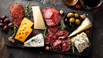 Charcuterie Board Featuring Assorted Cheeses, Meats, Olives, and Nuts on a Slate Surface with Red Wine