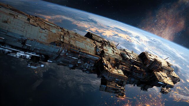 Colosal nave espacial en &oacute;rbita sobre la Tierra &ndash; Ciencia ficci&oacute;n &eacute;pica
