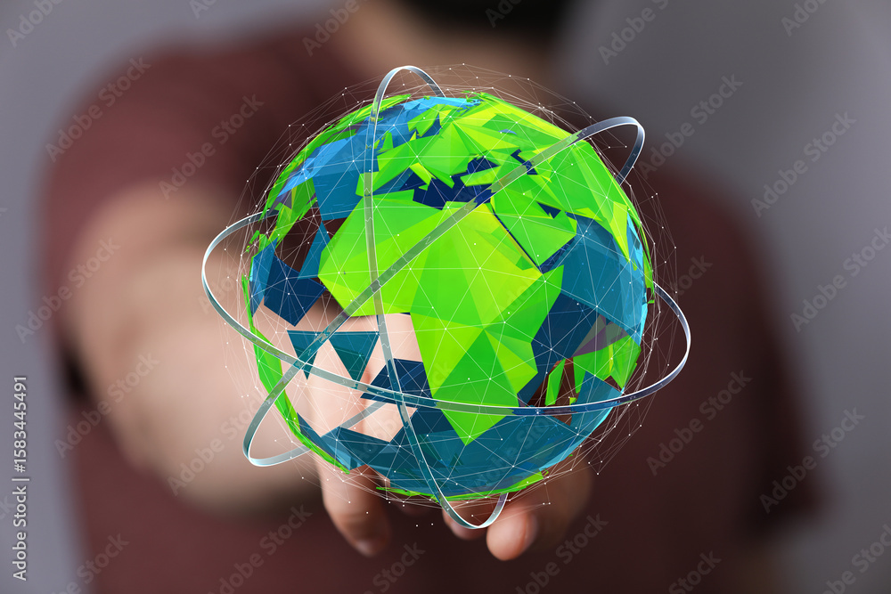 Poster person interacting with a digital globe, representing global connection and networking.