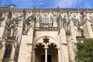 Bourges Cathedral impressive gothic facade illuminating Place Etienne Dolet in Bourges, France