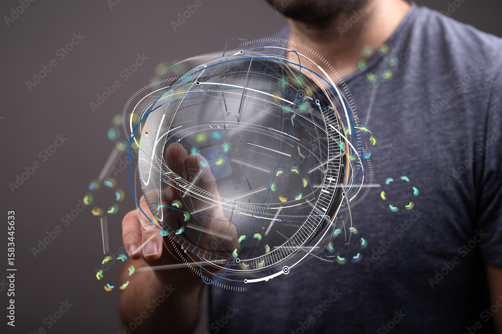 Poster futuristic image of a person interacting with a digital globe, representing global connection and te