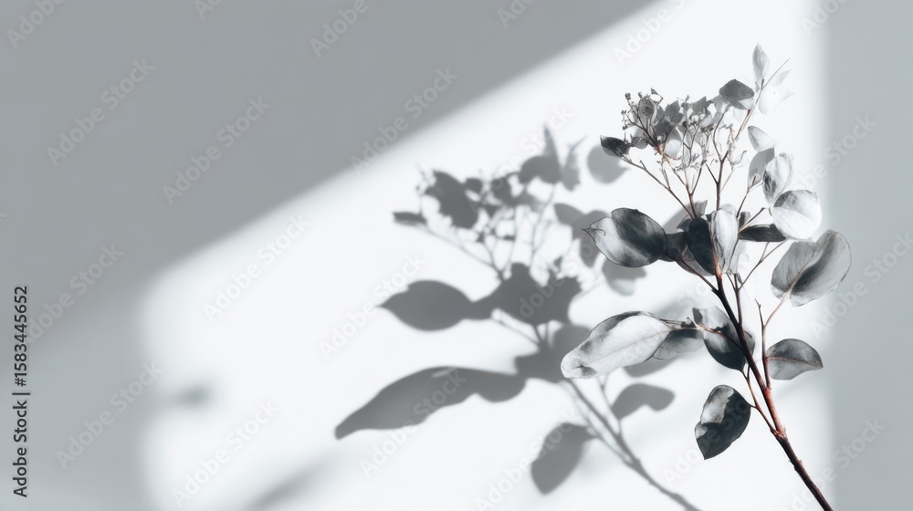 Poster serene minimalistic composition of eucalyptus branch casting soft shadows on white background