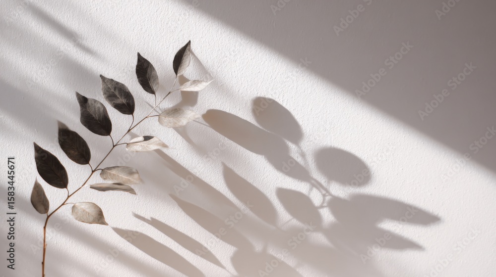 Poster minimalistic white background with natural shadows from a branch on the surface