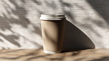 Minimalistic Coffee Cup on Wooden Table with Beautiful Shadow Play in Natural Light from Above