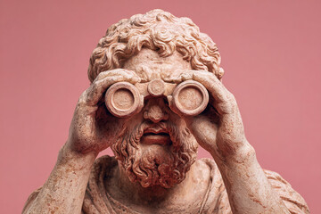 Ancient male statue looking through binoculars on pink background	