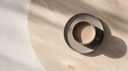 Minimalist Top View of Coffee Cup on Wooden Table with Soft Shadows and Natural Light