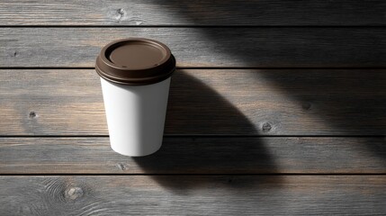 Minimalist Coffee Cup Mockup on Wooden Table Top in Natural Light with Shadow Effects for Modern Aesthetic Presentation