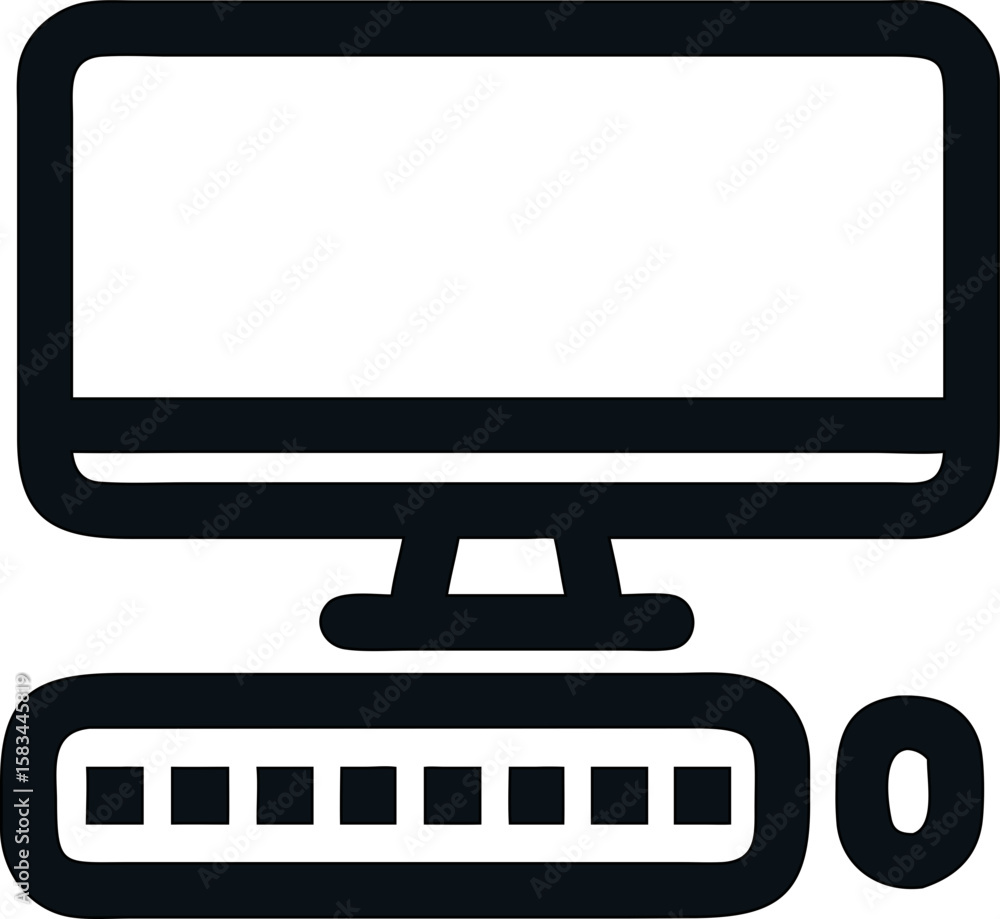 Poster icon of a personal computer in flat vector style for modern interfaces. screen, mouse, keyboard