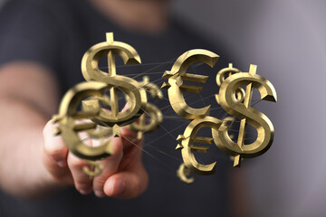 Image of interconnected dollar and euro symbols, representing global finance and currency exchange.