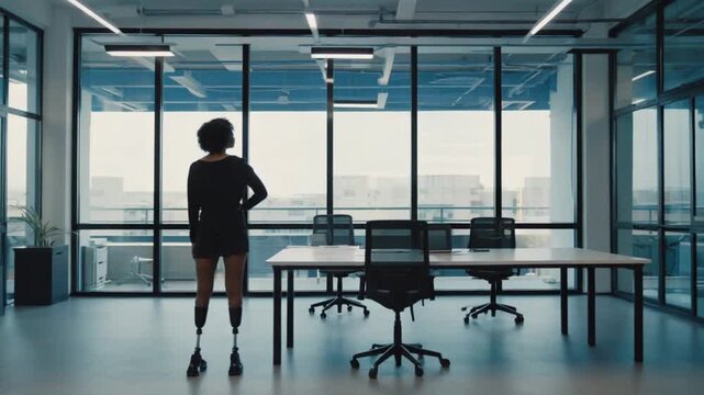 A determined individual stands by the window in a modern office, reflecting on personal challenges. The bright space symbolizes hope and perseverance in overcoming obstacles