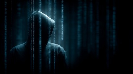 Mysterious Figure in Dark Room Surrounded by Digital Data and Code Representing Cybersecurity Concept