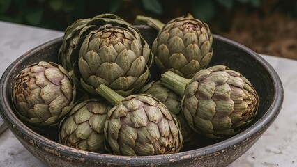 Fototapeta premium An appealing arrangement of fresh artichokes in a rustic bowl represents the beauty of slow food and farm-fresh produce.