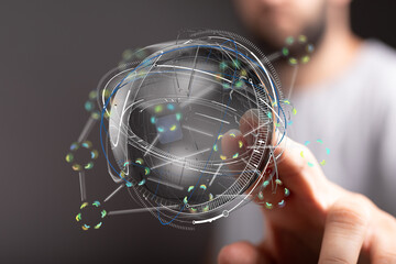 Abstract image of a person interacting with a digital globe, showcasing global network and data...