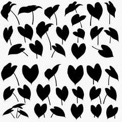 Silhouette collection of various heart-shaped leaves with stems, arranged in a grid pattern on a transparent background.
