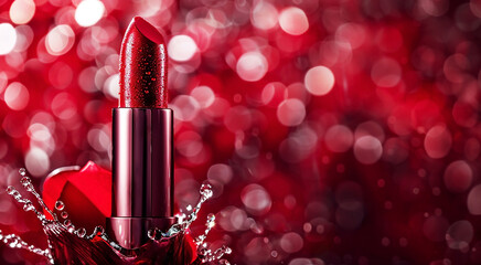 Women's red lipstick with water droplets on a red background with highlights and bokeh