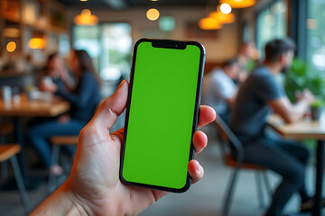 Smartphone with Green Screen Display in Cafe Setting for App Mockup and Advertising Presentation