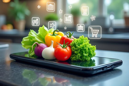 Fresh Produce on Smartphone for Online Grocery Shopping Convenience and Healthy Eating with Digital Interface Overlay