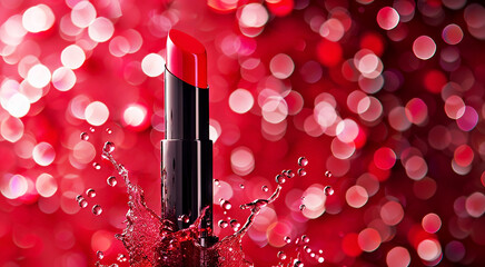 Women's red lipstick with water droplets on a red background with highlights and bokeh