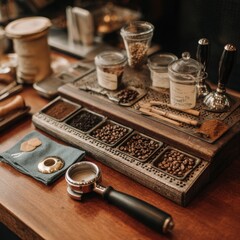 A barista's station featuring a portafilter and tamper.