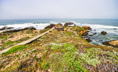 Coastal bench view at the edge of the Pacific along Highway 1 in California, surrounded by lush...