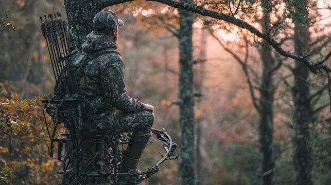 Hunter observes sprawling forest landscape during autumn sunset from elevated tree stand in serene wilderness