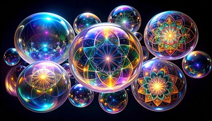Holographic bubble formations with prismatic color spectrum displaying intricate geometric mandala patterns floating in void space 