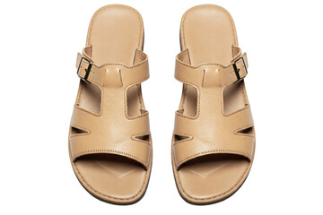 Pair of beige leather summer sandals with a buckle top view isolated on a transparent background