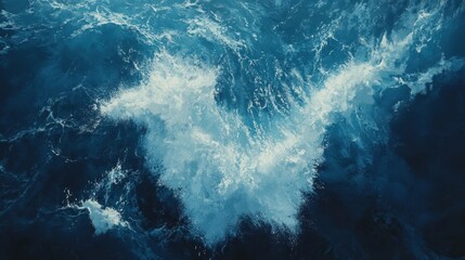 A large wave crashing into the ocean. The water is a deep blue color, and the wave is very large, almost taking up the entire frame. Scene is powerful and awe-inspiring