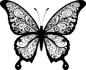 An exquisite butterfly silhouette featuring intricate, ornate scrollwork and swirling patterns across its wings, embodying artistic elegance