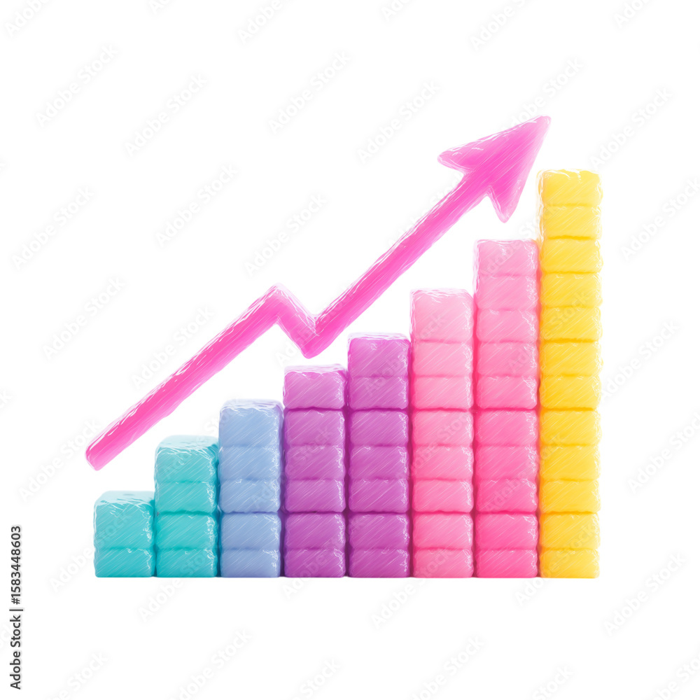 Poster colorful 3d bar chart with upward trending arrow isolated on transparent background