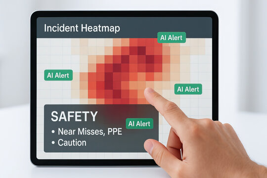 Incident heatmap on digital tablet showing safety alerts and caution notifications with AI alert tags and hand pointing at screen