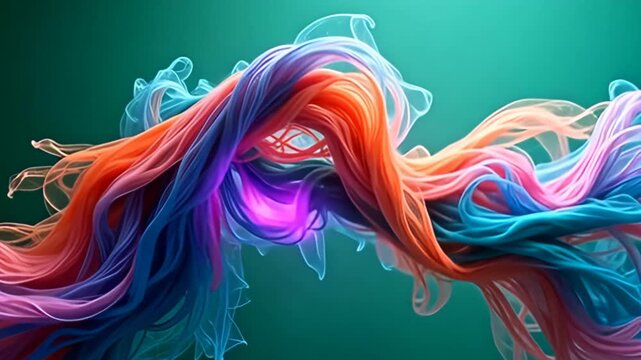 A dynamic swirl of colorful ribbons intertwines and expands across the green screen, the scene vibrant with intrigue, showcasing noise hazy abstract vortex folding inward like dream fabric,