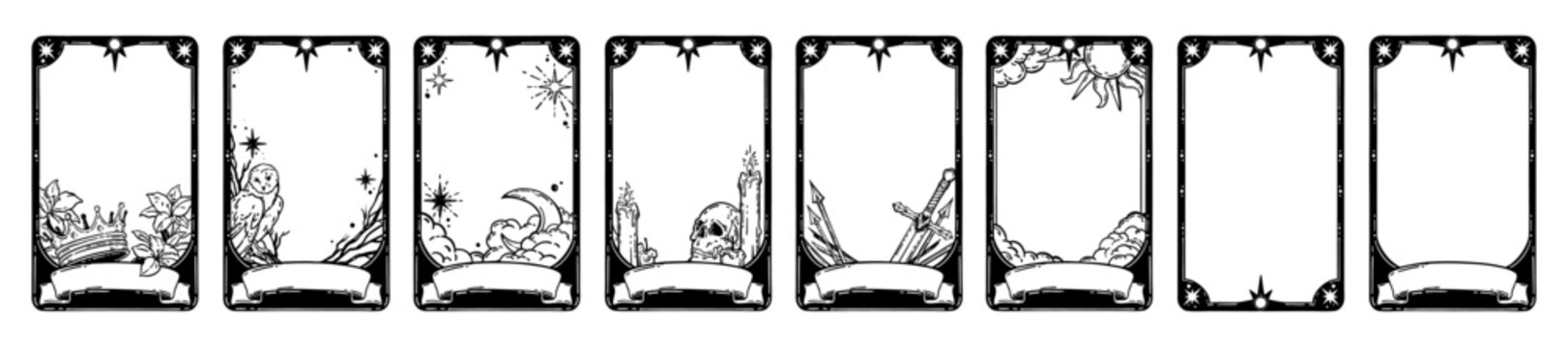 Tarot card frame set, vector hand drawn doodle fantasy border, spiritual mystic game illustration. Medieval divination ornamental graphic astrology witchcraft background. Tarot frame with sword, skull