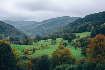 Obraz premium Autumnal valley landscape, misty mountains