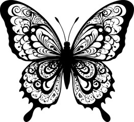 A stunning and highly decorative butterfly silhouette with elaborate, swirling patterns on its wings, ideal for sophisticated artistic projects, elegant nature designs, and intricate embellishments.