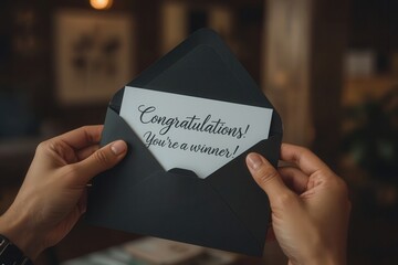 Congratulations Letter: Hands holding envelope with winning announcement card inside.