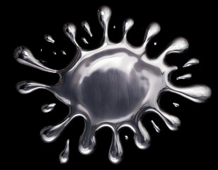 Liquid metal or mercury splash on a black background. Shiny chrome and brushed metal texture. Abstract isolated shape for design and technology concepts.