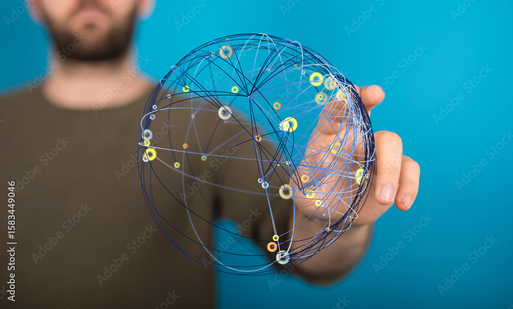 Poster man interacts with a digital globe, showcasing global network connections and data visualization.