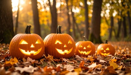 Four jack-o'-lanterns in autumnal forest