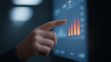 A close up shot shows a hand interacting with a glowing digital screen displaying data graphs and charts, representing modern technology and business analytics.